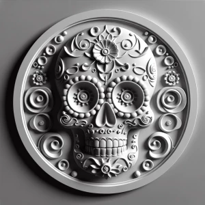 Sugar skull, grayscale 3d bas relief, flat lighting, simple roun...