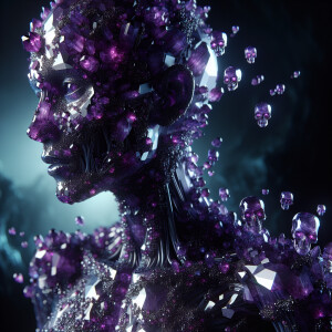 A spooky humanoid figure made of glistening amethyst crystal, de...