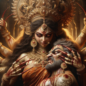 portrait of angry looking goddess durga  carrying a chubby mahishasur in her arms and poking him with her amazingly long red fingernails. She is wearing a huge gold crown, red saree, abundant  gold jewelry, covered in blood. The scene is set in ancient India. The image is 8K resolution, cinematic, ultra detailed face and epic.