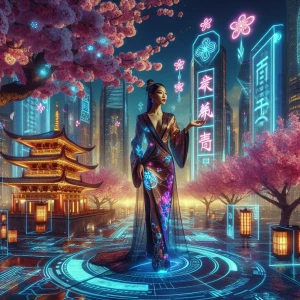 A beautiful woman wearing a sleek, futuristic qipao illuminated with soft neon patterns, standing against a backdrop of glowing cherry blossoms