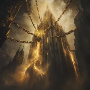Create an image of an ancient cathedral shrouded in darkness, wi...