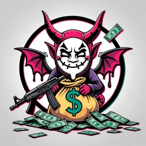 Design a cartoon-style circular logo featuring a cheeky demon we...