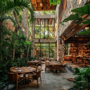 Double height ceiling
Outdoor restaurant with big stone walls an...