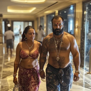 A sweaty beefy man walking with his 54 year old kashmiri mother...