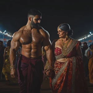Photorealism,hyperrealism.A gujarati muscular man sweat on body...