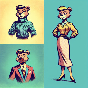 Anthropomorphic Yogi Bear as a beautiful woman dressed as a 1950...