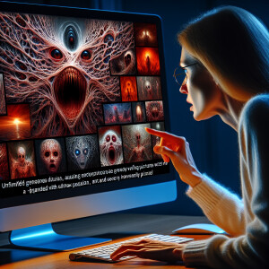 a mysterious female using the computer to search for AI art to d...