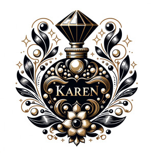 Design a fancy, black and gold bottle of perfume in the shape of a woman’s body. With a golden diamond top, flowers pearls and Diamonds in the name, Karen