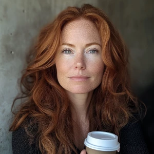 45 year old beautiful female with long ginger hair, petite, wear...