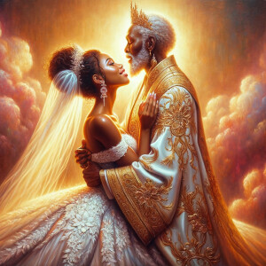 Imagine a hyper-realistic oil painting that captures a tender moment between theAfrican American bride and her God. The setting is intimate and filled with soft, warm lighting that enhances the emotional depth of the scene. The bride, in herexquisite wedding gown, shares a heartfelt embrace with her african-American Lord Jesus , who is dressedin an elegant outfit that complements the wedding's color scheme. Their expressions are full of love, pride, and joy, reflecting the special bond between them. Theattention to detail is paramount, from the intricate designs of their dresses to the subtle emotions conveyed in their facial expressions. The background is a blur ofgentle pastel hues, ensuring that the focus remains on this touching moment. Thispainting should convey the warmth, love, and depth of the relationship, with the rich textures and vibrant strokes characteristic of oil paintings, capturing the essence of this significant pre-wedding moment.