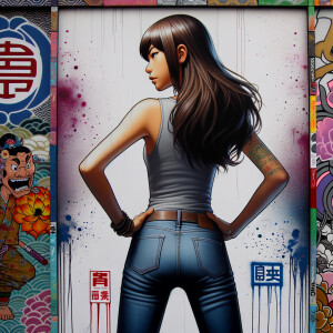 Attractive, Asian teenage girl, long brown hair and bangs, wearing tight skinny jeans and a halter top paint marks on her clothing, backside view heroic pose Asian graffiti