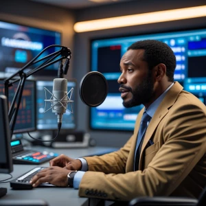 African American man seated at a broadcasting desk in a modern,...