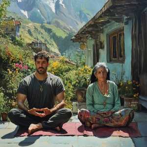 Realism art,A man(muscular beefy sweaty)sitting with 50 year old...