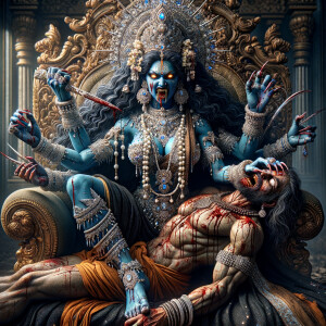 portrait of angry looking goddess kaali, blue skinned sitting on...