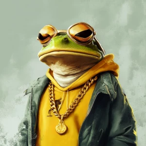 realistic anthropomorphic frog character wearing gold chains and...
