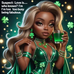 A chibi-style melanin rich skin tone African American character with a glammed-up look. The character is holding a cup of green liquid and shrugging. The quote says, "Suspect: Love is... who knows? I'm too busy being fabulous." The character has long, shiny hair styled in soft waves and is dressed in an ultra-glam green outfit with clovers, rhinestones, and sparkles. The character's face has a defined nose and full lips. The background features a festive touch with glitter, shamrocks, and soft glowing lights, creating a chic and vibrant vibe.