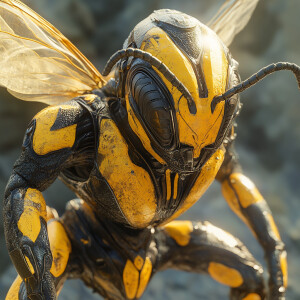 Create a stunningly detailed 3D image of an anthropomorphic wasp...