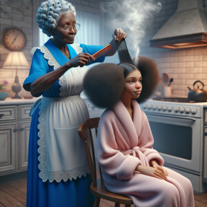 Create a realistic 3-D image of an african-American grandmother wearing a blue house dress and a white apron . She is in the kitchen with her african-American granddaughter. Her granddaughter is wearing a pink bath robe. The grandmother has a hot comb in her hand and she is straightening her granddaughters hair. One side of her granddaughters hair is in  a Afro the other straight 
There is smoke coming from the hot comb
The granddaughter is making a face