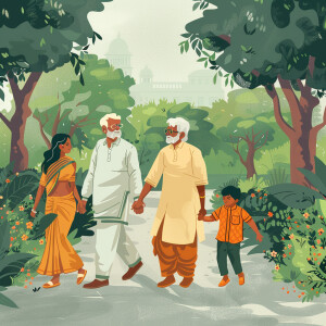 modern indian grandparents and kids going for walk in beautiful...