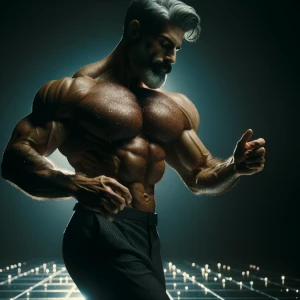 Bodybuilder muscle man beard, shirtless, gray hair, dark chest h...