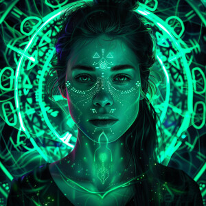 A portrait of a woman against a detailed mandala pattern glowing...