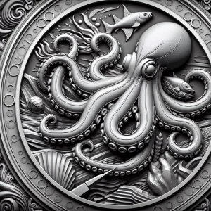 Design a high-contrast grayscale 3d bas relief of a giant octopu...