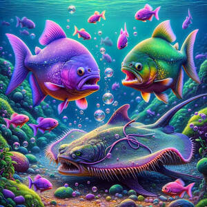 Purple and neon green piranha no teeth fighting a stingray