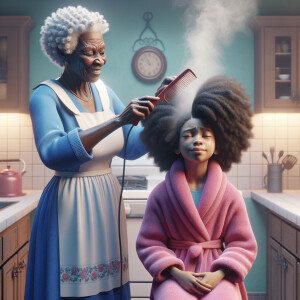 Create a realistic 3-D image of an african-American grandmother wearing a blue house dress and a white apron . She is in the kitchen with her african-American granddaughter. Her granddaughter is wearing a pink bath robe. The grandmother has a hot comb in her hand and she is straightening her granddaughters hair. One side of her granddaughters hair is in  a Afro the other straight 
There is smoke coming from the hot comb
The granddaughter is making a face