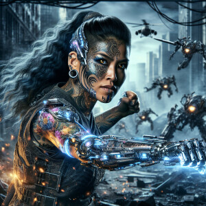 A fierce half-metallic cyborg woman with intricate tattoos cover...