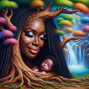 Create a close-up, hyper-realistic 3-D oil painting of a tree wi...