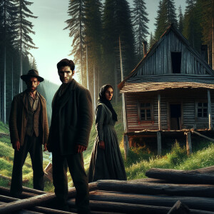 Two men and one woman stand near an abandoned house on the outsk...