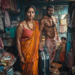 Realism art style,a 54-year-old Gujarati housemaid wearing a bri...
