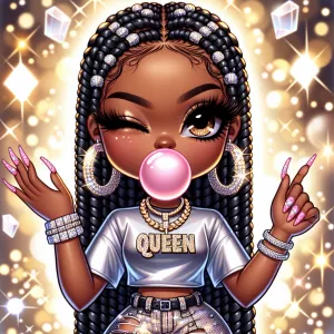 Illustrate a front-view chibi-style African American woman with...