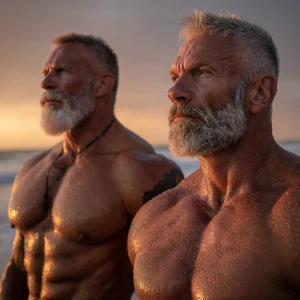 At the center of a wide, golden-hour seascape, two towering, 40-...