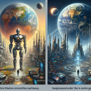 A futuristic scene where a robot stands as a commanding figure o...