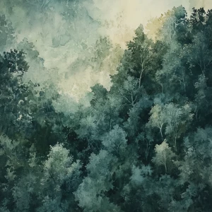 a forest in the style of watercolor painting, with a bird's eye view and soft morning light details - - s 900