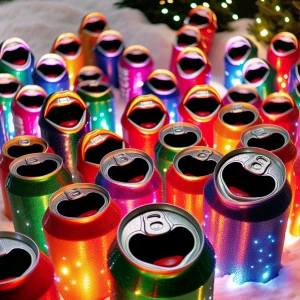 Soda cans singing Christmas carols with the lid whole as the mou...