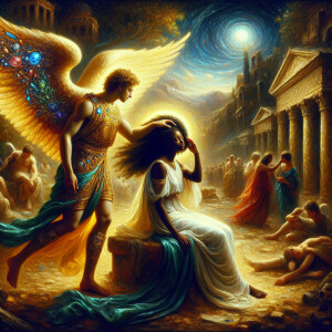 Create an oil painting image featuring a male angel and a grievi...
