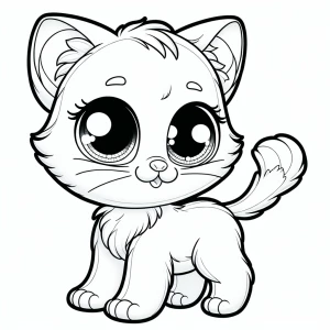 Create a coloring page design featuring a kitten with large eyes...