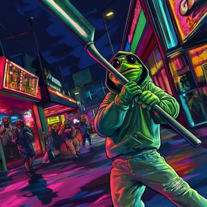 MEME PEPE in GTA art style - mid-swing with a large metal bat, c...