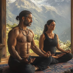 Photorealism,realism,A man muscular beefy sweaty doinga yoga sit...