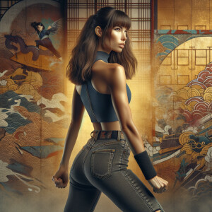 Athletic Thin skinny Attractive, Asian teenage girl, long brown hair and bangs, wearing tight skinny jeans and a halter top paint marks on her clothing, heroic pose Asian graffiti background, backside view