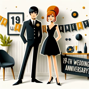 ‘Happy 19th Anniversary!’ Written
A 60s mod vibe with a tan male...