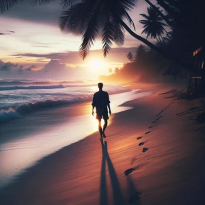 I stroll along the seaside beach at dusk.