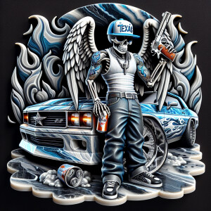 Marble effect of a thugged out Skeletor with angel wings, tattoo...