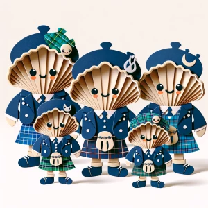 A group of clams wearing Scottish matching dark blue tam hat kil...