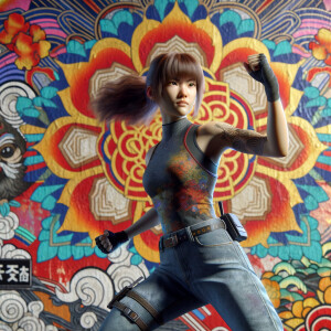 Athletic Thin skinny Attractive, Asian teenage girl, long brown hair and bangs, wearing tight skinny jeans and a halter top paint marks on her clothing, heroic pose Asian graffiti background, backside view