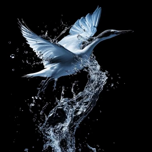 A flowing transition of water turning into a bird in flight.