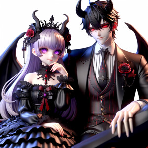 A girl named lilith with elegant gothic lolita dress sit beside Handsome Lucifer with Black Horn, Msyterious Aura of Black Red Purple, Lilith and Lucifer evil smirk, glowing eyes, 3D Humanlike, High Res