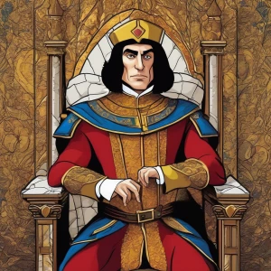 Create a digital portrait of Lord Farquaad, the antagonist from the Shrek film series, capturing his distinctive medieval attire, pompous expression, and short stature while sitting on his extravagant throne in Duloc Castle.